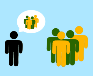 An individual and a group. The individual's thought bubble shows that they are thinking about the group.