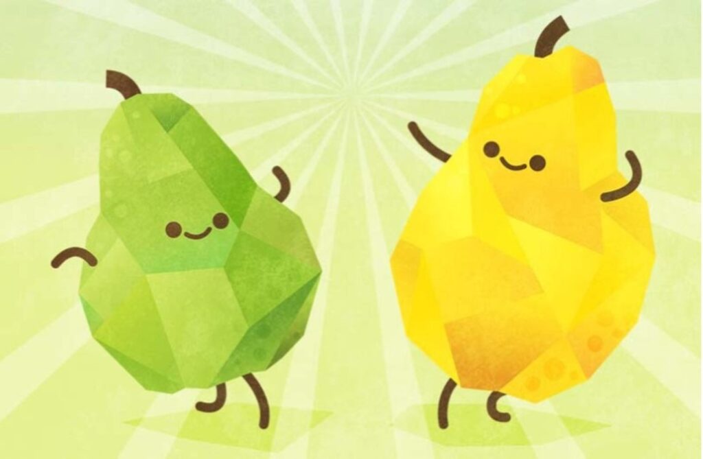 Two dancing pears, one green and one yellow.